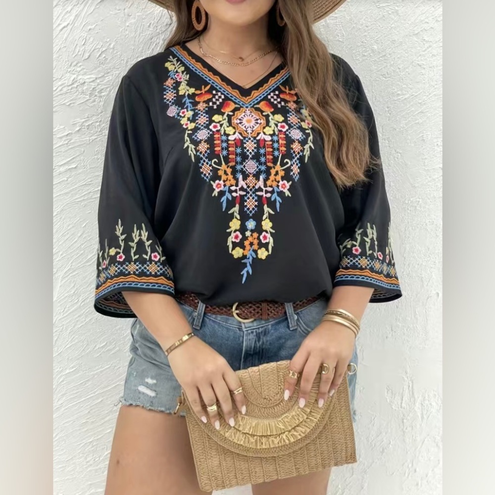 New Plus Size Embroidered Boho Top, Black with Colorful Accents - Picture 2 of 4